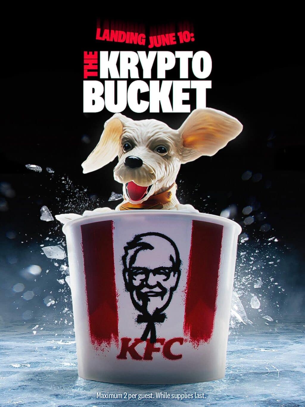 Balde temático do KFC The Krypto Bucket com logotipo do Krypto e texto “Landing June 10”.