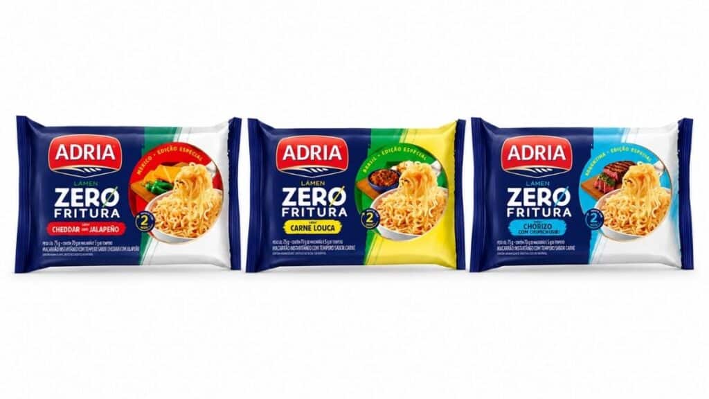Embalagens Adria Zero Fritura Lámen Zero Fritura inspiradas em Brasil, Argentina e México