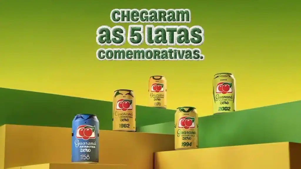 Latas comemorativas de Guaraná Antártica 1752, 1994, 1998, 2000 e 2002 com texto “Chegaram as 5 latas comemorativas”.