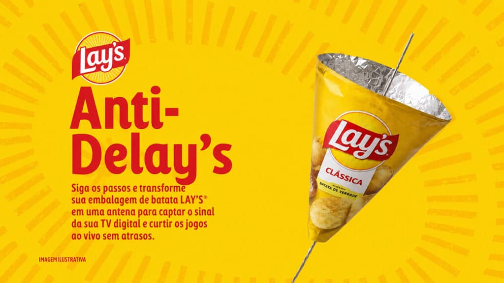 Imagem da campanha LAY’S Anti-Delay’s com saco de batatas e texto promocional em fundo amarelo