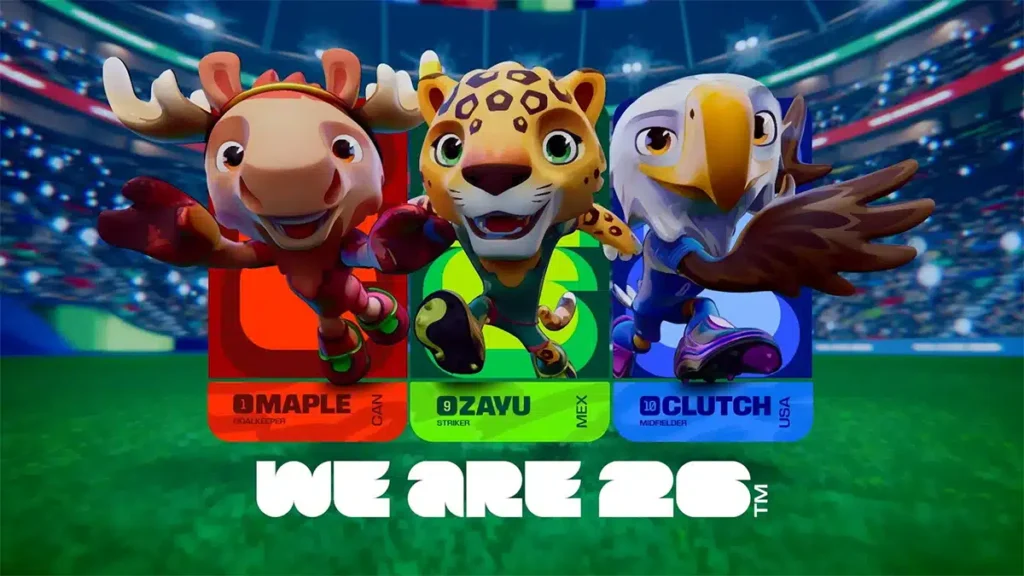 Três mascotes da Copa do Mundo FIFA 2026 em um estádio, com placas de identificação e o slogan “WE ARE 26” ao fundo.