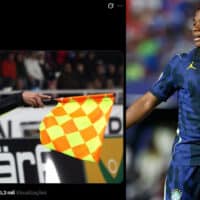Meme com Endrick em campo na camisa 19 do Brasil, e imagem ao lado de técnico apontando para a seleção na Copa do Mundo.