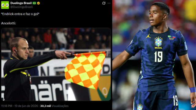 Meme com Endrick em campo na camisa 19 do Brasil, e imagem ao lado de técnico apontando para a seleção na Copa do Mundo.