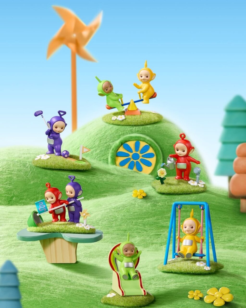Miniaturas dos personagens Teletubbies em mini cenário de blind box da coleção Ilha Mágica da Miniso