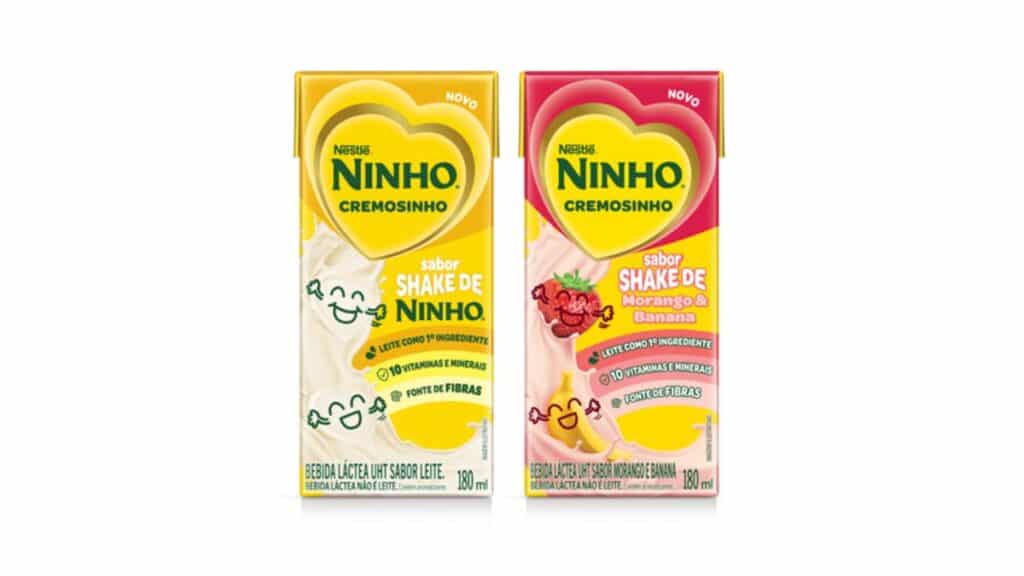 Embalagens do Ninho Cremosinho em dois sabores: Shake de Ninho e Shake de Morango e Banana, bebidas lácteas 180 ml.