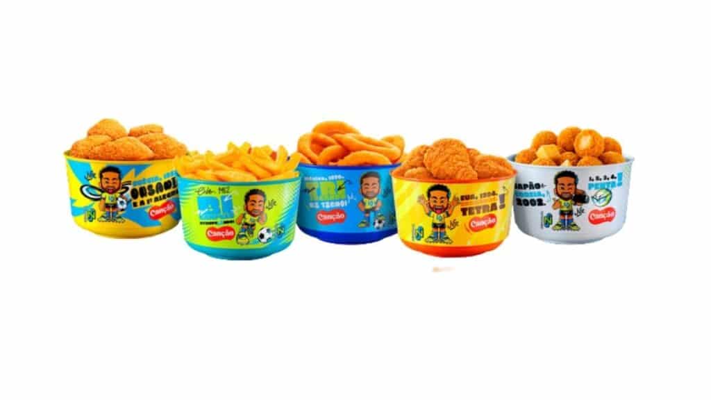Bowl colecionável com ilustração em estilo cartoon, com porções de snacks, na promoção com Neymar Jr.