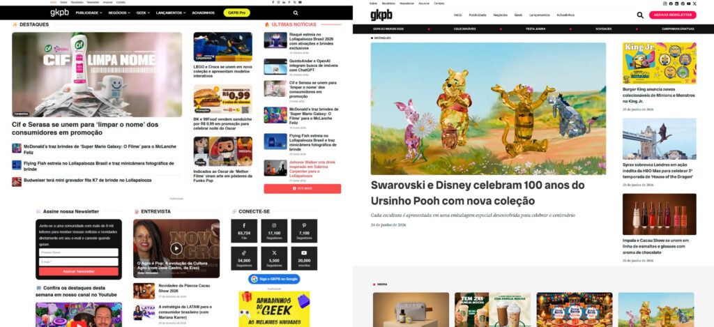 Comparativo do portal GKPB com novo layout moderno e responsivo, antes e depois da mudança no site