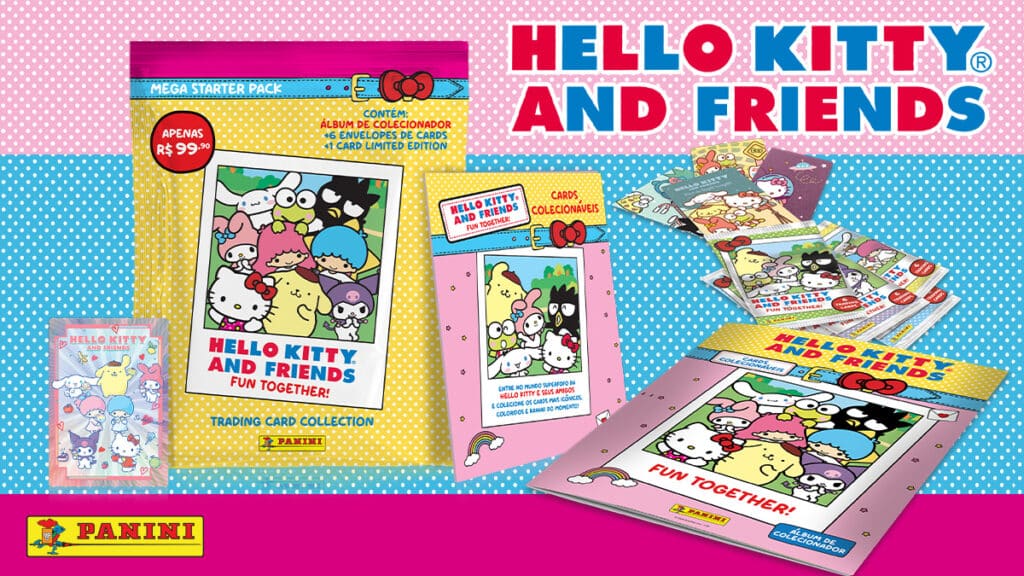 Coleção de trading cards Hello Kitty and Friends da Panini com lata e pacotes promocionais
