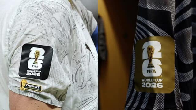 Patches da FIFA World Cup 2026 em camisetas, incluindo patch de estreante DEBUT e patch dourado FIFA