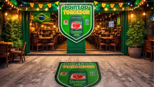 Ambiente do Point do Torcedor Guaraná Antarctica com banner e tapete no espaço temático