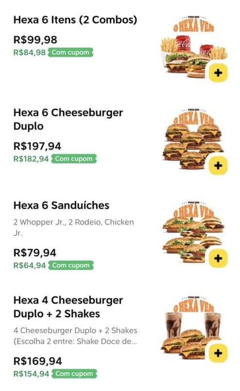 Tabela de combos Hexa no app 99Food com Burger King, com preços e cupom, incluindo Hexa 6 itens e Hexa 6 cheeseburger