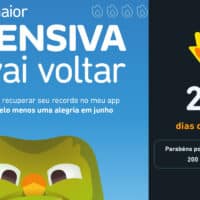 Cartaz do Duolingo com a mensagem “a sua maior OFENSIVA vai voltar” e recompensa de 200 dias de ofensiva
