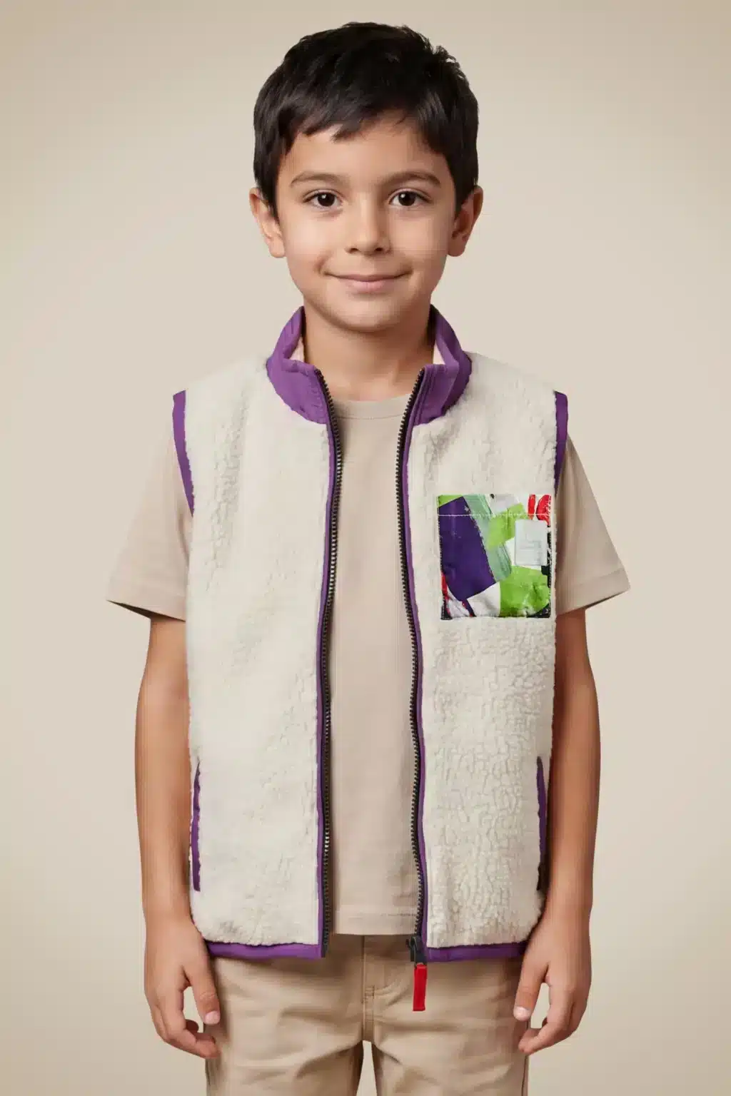 Criança em estúdio usando colete roxo e branco com um crachá, em foto para o Disney Extraimaginário