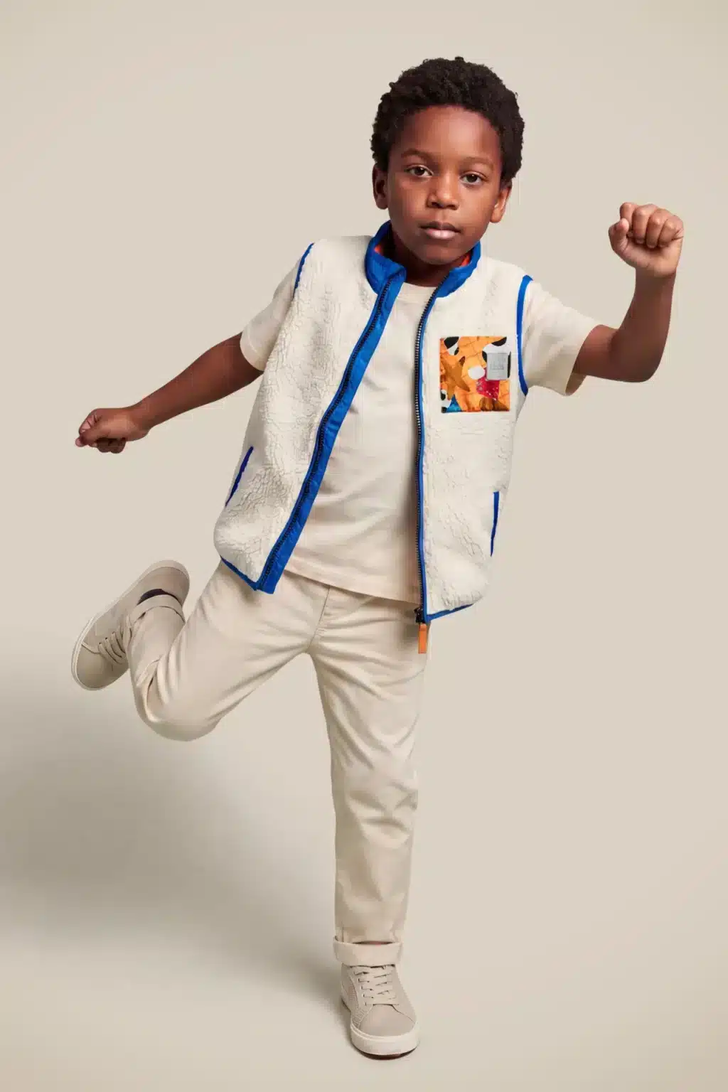 Criança em pose de dança, vestindo roupa branca com detalhes azuis, em fundo claro, para a coleção Disney Extraimaginário.