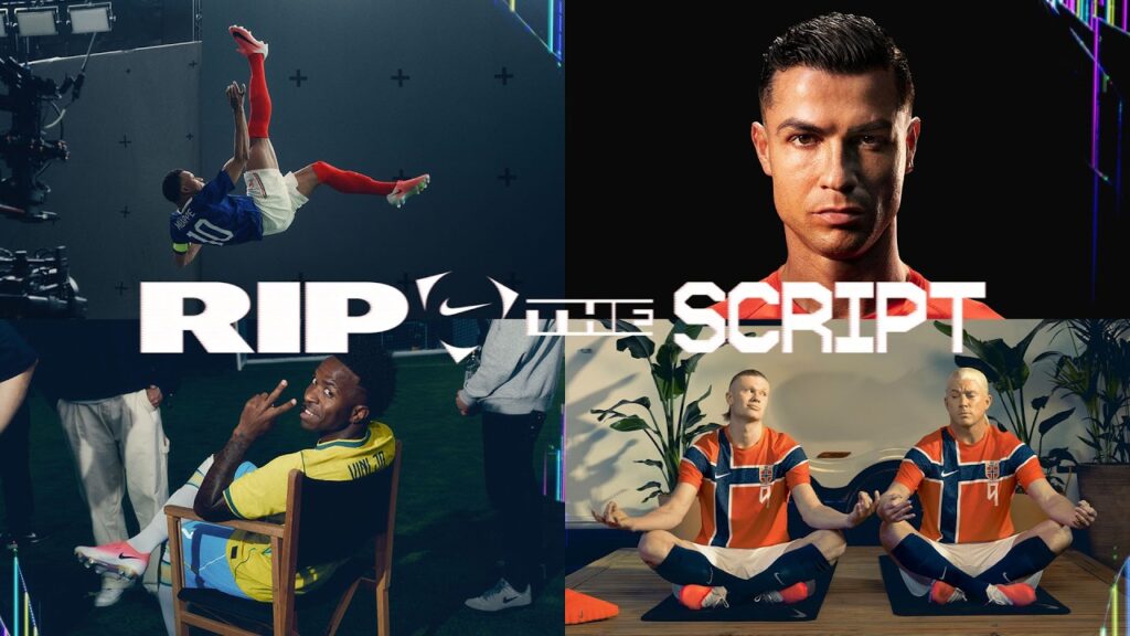 Nike Rip the Script: campanha com atletas e o texto RIP THE SCRIPT Campanha Nike Rip the Script com o texto RIP THE SCRIPT e atletas em imagens divididas ao fundo