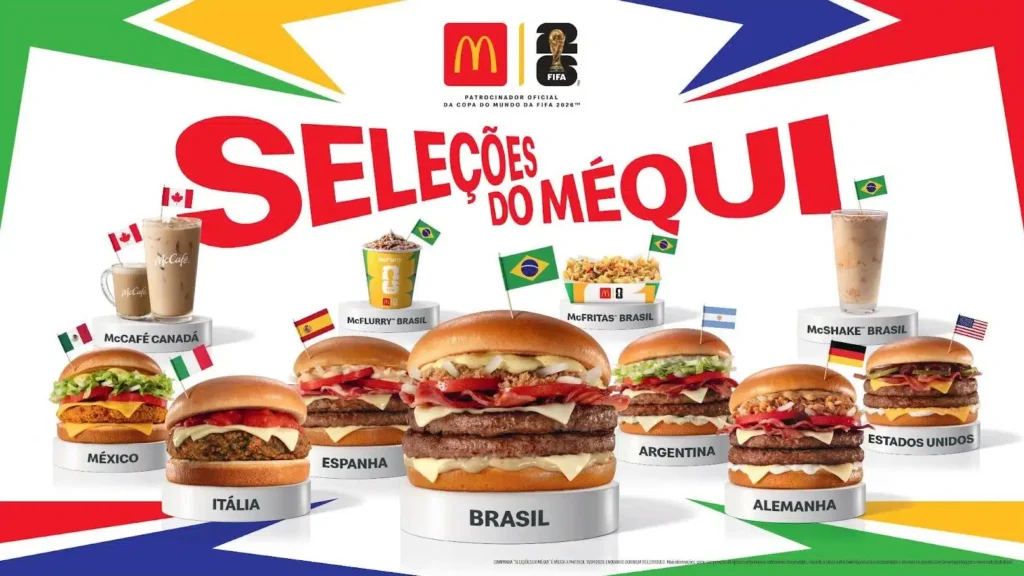 Propaganda do McDonald’s com sanduíches e ícones de países, incluindo “Seleções do México” e opções do mundo
