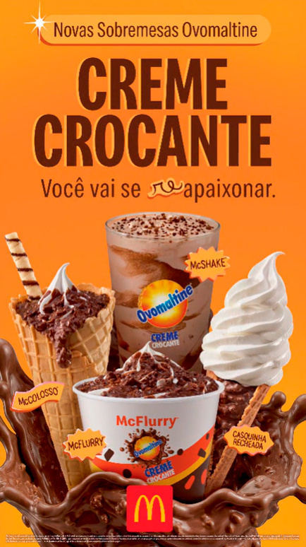 Cartaz do McDonald's com sobremesas Ovomaltine: creme crocante, com McShake, McFlurry e cones com chocolate.