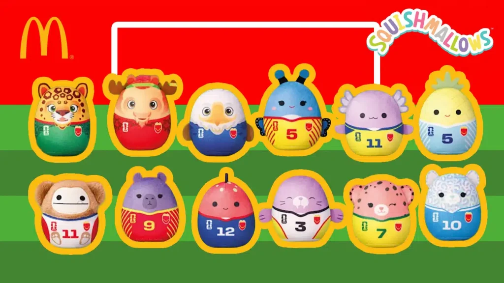 Coleção de Squishmallows em ovos numerados com tema da Copa do Mundo FIFA 2026