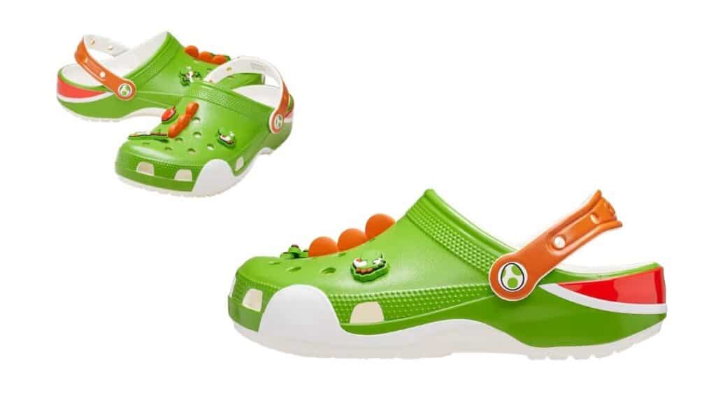 Tênis estilo Crocs verde e laranja inspirado em Super Mario Bros, com detalhe de personagem e solado branco