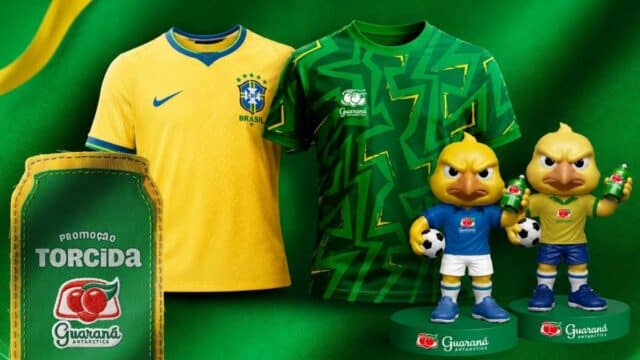 Peças da promoção Torcida Guaraná: camisa amarela e verde, mascotes e kit com bolsa térmica em fundo verde
