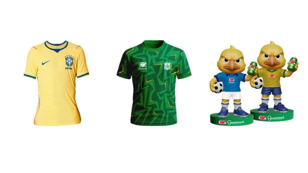 Imagem promocional da Torcida Guaraná com camisas amarelas e verdes e dois bonecos temáticos do Guaraná Antarctica