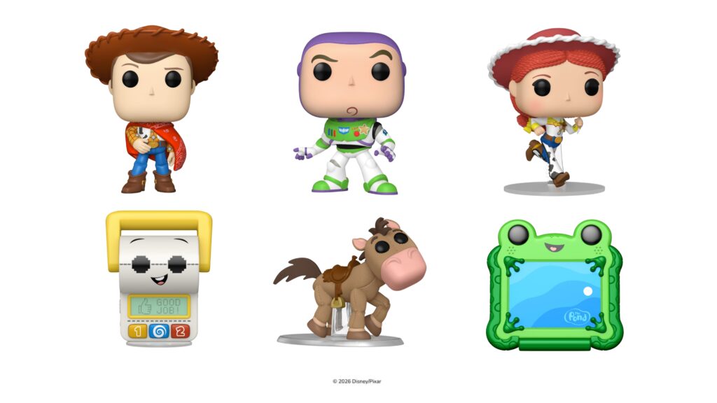 Coleção Funko Pop de Toy Story 5 com personagens em poses diferentes, fundo branco