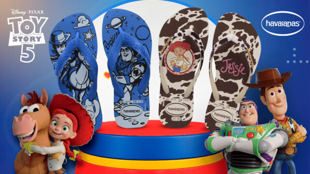 Chinelos Havaianas com estampas de Toy Story 5, incluindo Woody, Buzz Lightyear e Jessie, em destaque na coleção infantil e adulta.