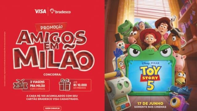 Arte da Promoção Amigos em Milão do Bradesco e Visa, inspirada em Toy Story 5.