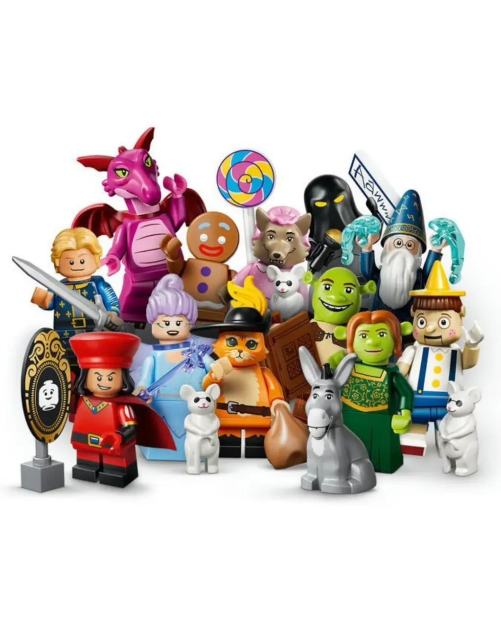 Minifiguras de LEGO inspiradas em Shrek e personagens do filme em fundo branco