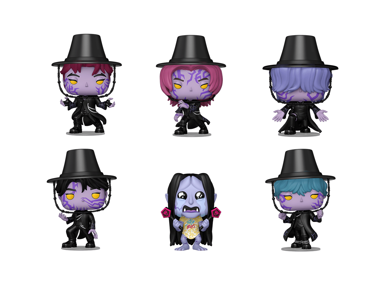 Conjunto de bonecos Funko Pop estilo K-pop em versões demoníacas dos Saja Boys, imagem frontal com seis poses.