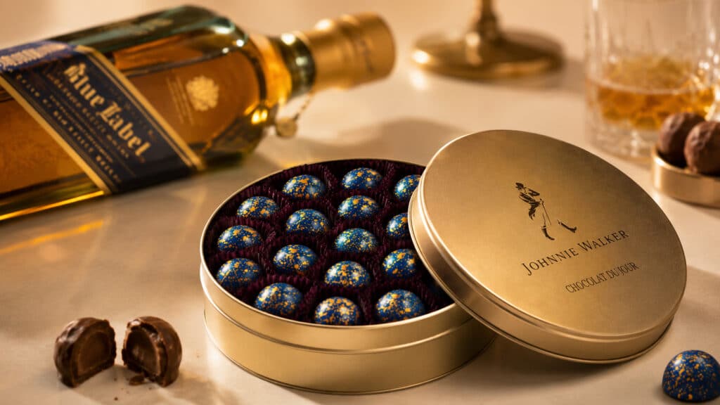 Caixa de chocolates em lata dourada Johnnie Walker com bombons decorados, em mesa com garrafa ao fundo.