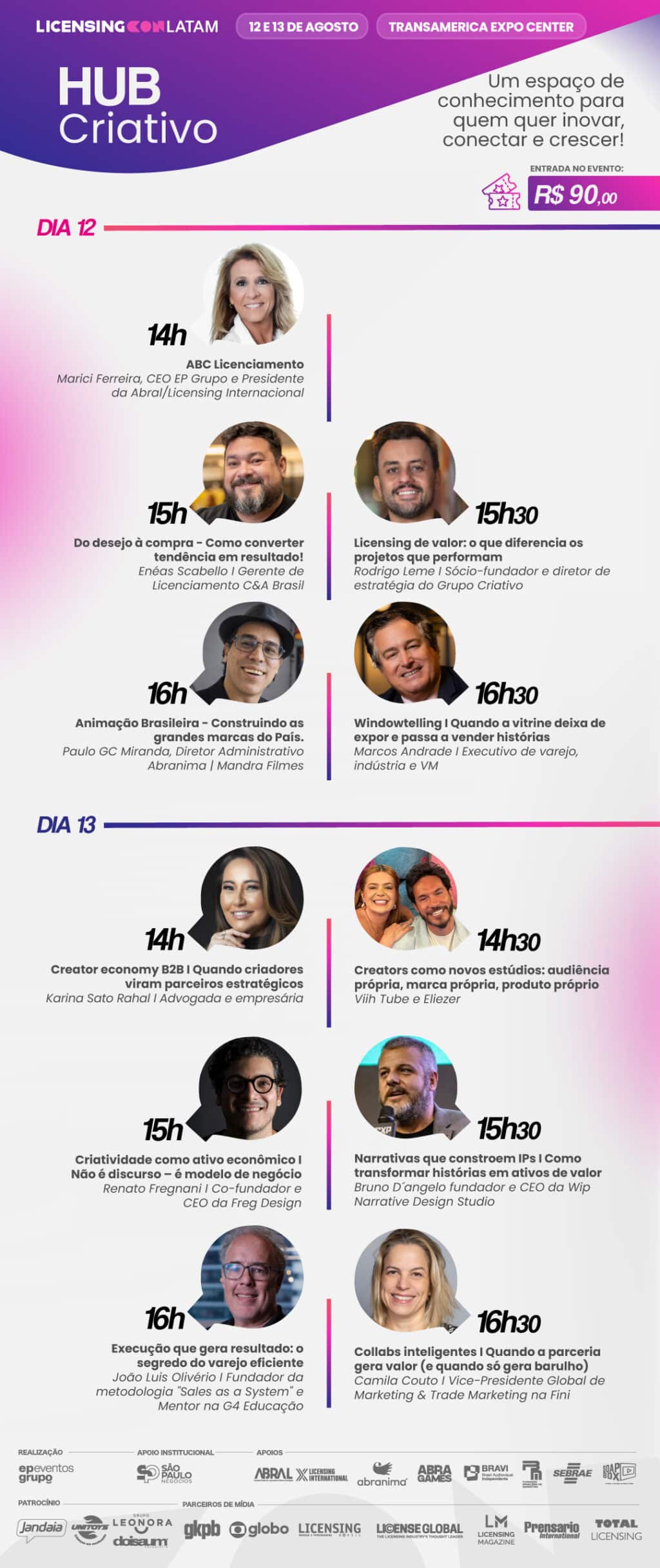 Arte do evento HUB-Criativo com programação de palestras dos dias 12 e 13 de agosto (LicensingCon Latam 2026).