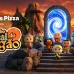 Cena promocional da Domino’s Pizza com cenário de A Caverna do Dragão e personagens em volta de um portal luminoso