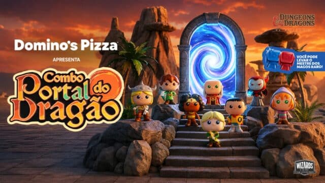 Cena promocional da Domino’s Pizza com cenário de A Caverna do Dragão e personagens em volta de um portal luminoso