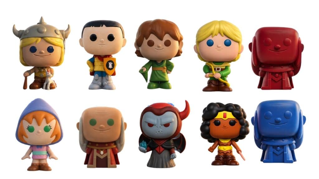 Colecionáveis temáticos de A Caverna do Dragão em miniaturas estilo boneco, com personagens em destaque