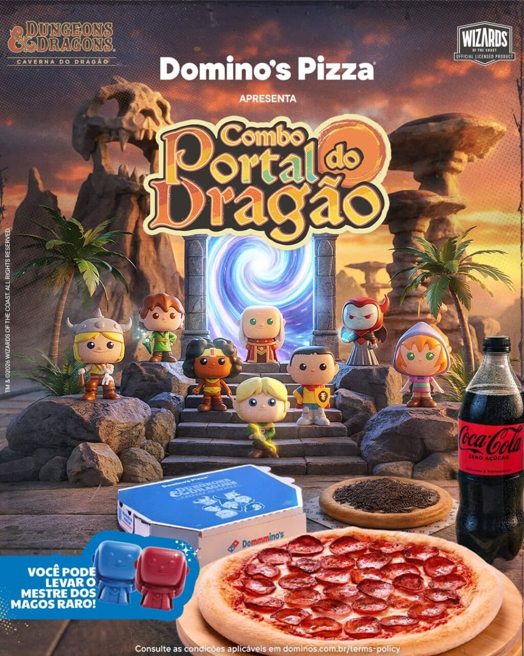 Imagem de divulgação da Domino’s Pizza com combo temático “Combo Portal do Dragão” de A Caverna do Dragão, com pizza e colecionáveis