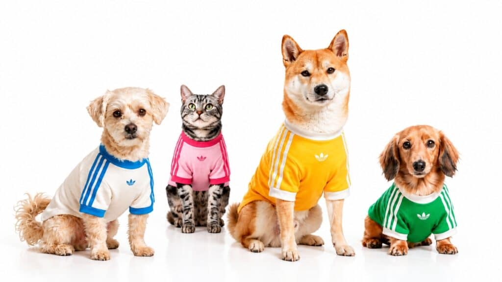 Quatro cães e um gato com roupas coloridas da adidas Originals pet, em fundo branco