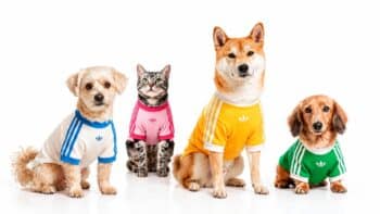 adidas Originals Pet: cães e gato com roupas coloridas Quatro cães e um gato com roupas coloridas da adidas Originals pet, em fundo branco