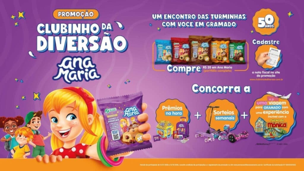 Ana Maria 50 anos: Clubinho da Diversão com Turma da Mônica Arte promocional “Clubinho da Diversão” com Ana Maria, Turma da Mônica e texto sobre compra, sorteios e premiações