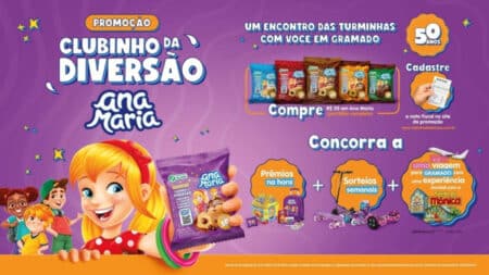 Ana Maria 50 anos: Clubinho da Diversão com Turma da Mônica Arte promocional “Clubinho da Diversão” com Ana Maria, Turma da Mônica e texto sobre compra, sorteios e premiações