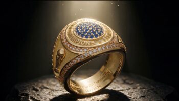 Anel FIFA de campeão “Champions” com pedra azul Anel dourado de campeão FIFA com pedra azul e detalhes com a inscrição Champions