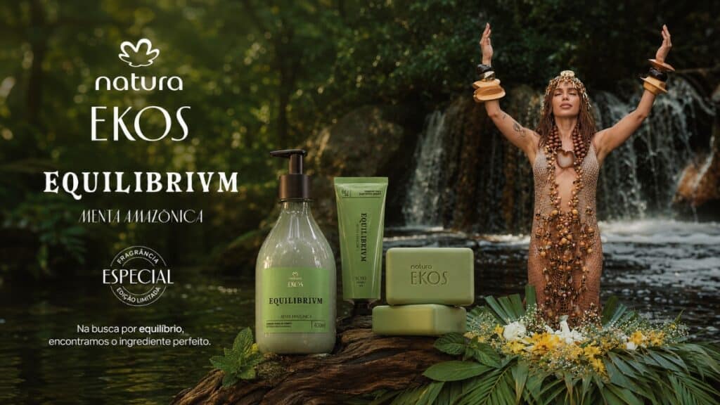 Natura Ekos EQUILIBRIVM com Anitta e produtos de edição limitada Cena promocional da linha Natura Ekos EQUILIBRIVM com frascos e creme ao lado de Anitta em um cenário com água e natureza.