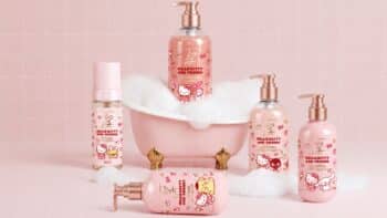 B. Hulmann Hello Kitty and Friends: cosméticos para cabelo Linha de cosméticos para cabelo B. Hulmann com temática Hello Kitty and Friends, em frascos rosa com bomba dosadora