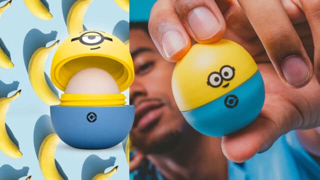 Hidratante labial da Beta em edição limitada com tema Minions, em embalagem amarela e azul sendo segurada na mão.