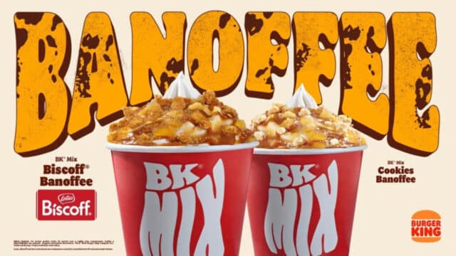 Duas sobremesas do Burger King com cobertura e fundo escrito “BANOFFEE”, versão Cookies Banoffee e Biscoff Banoffee.
