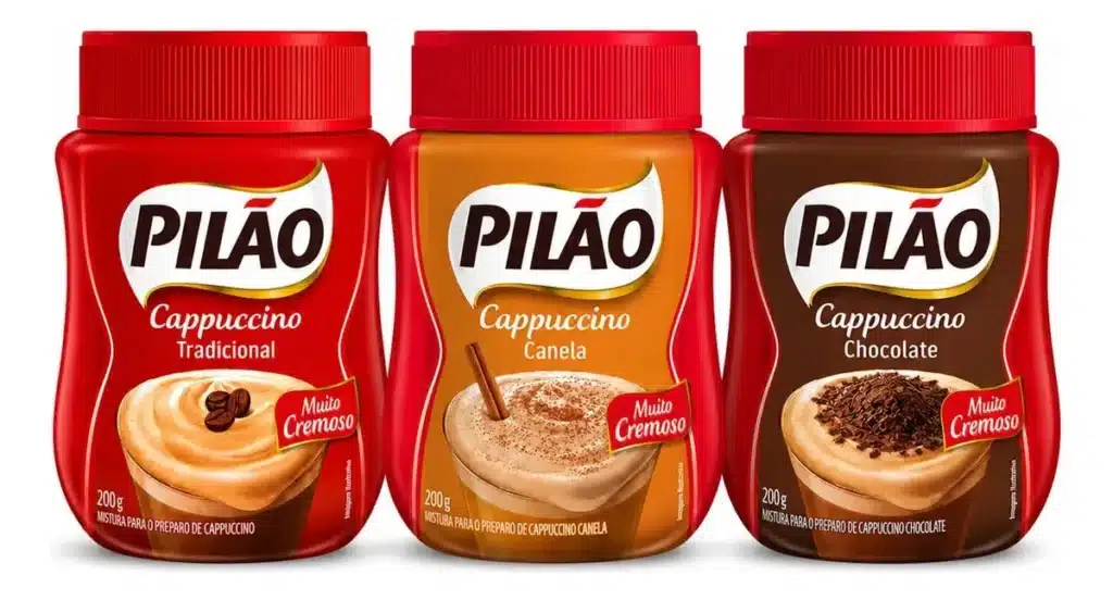 Potes de mistura Pilão Cappuccino Tradicional, Canela e Chocolate com tampa vermelha