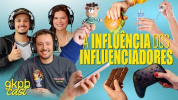 Capa: A Influência dos Influenciadores (ep165) Capa do YouTube do episódio “A Influência dos Influenciadores”, com pessoas usando fones, celular e controle de videogame em fundo azul