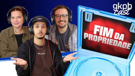 Capa “Fim da Propriedade” sobre fim dos discos físicos no PlayStation Imagem de podcast com apresentadores em estúdio e tela com o tema “Fim da Propriedade” e disco de jogo em destaque