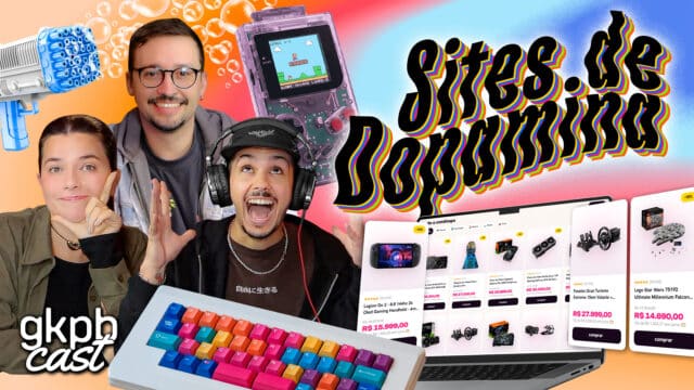 Capa do GKPBcast Sites de Dopamina com apresentadores e layout de compras online simuladas em dispositivos e gráficos