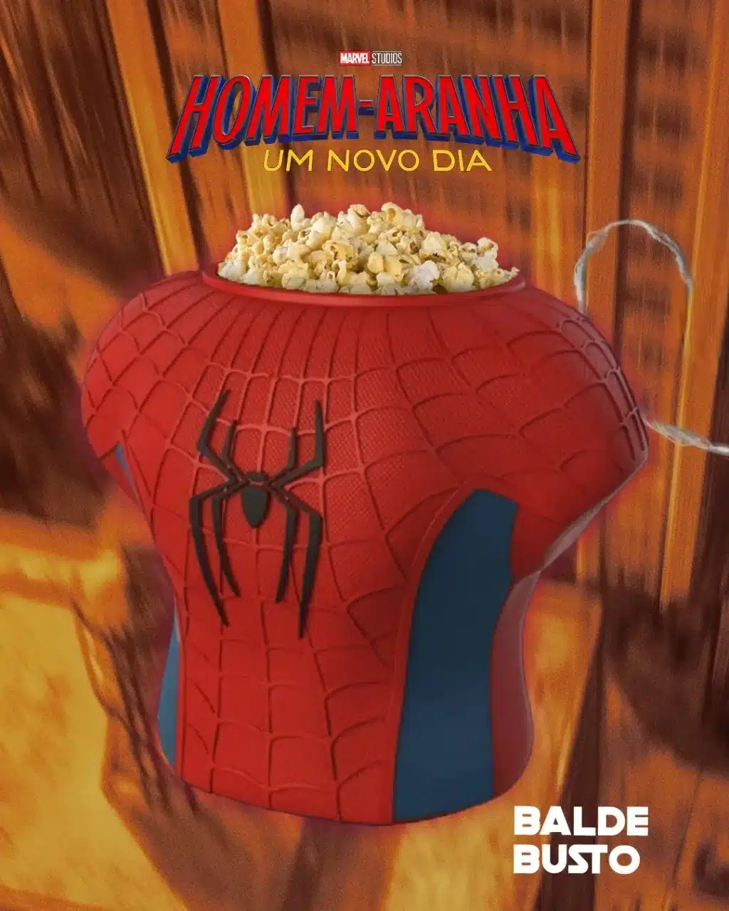 Colecionável do Homem-Aranha com balde em formato de busto, exibindo pipoca e o logotipo do filme “Homem-Aranha: Um Novo Dia”.